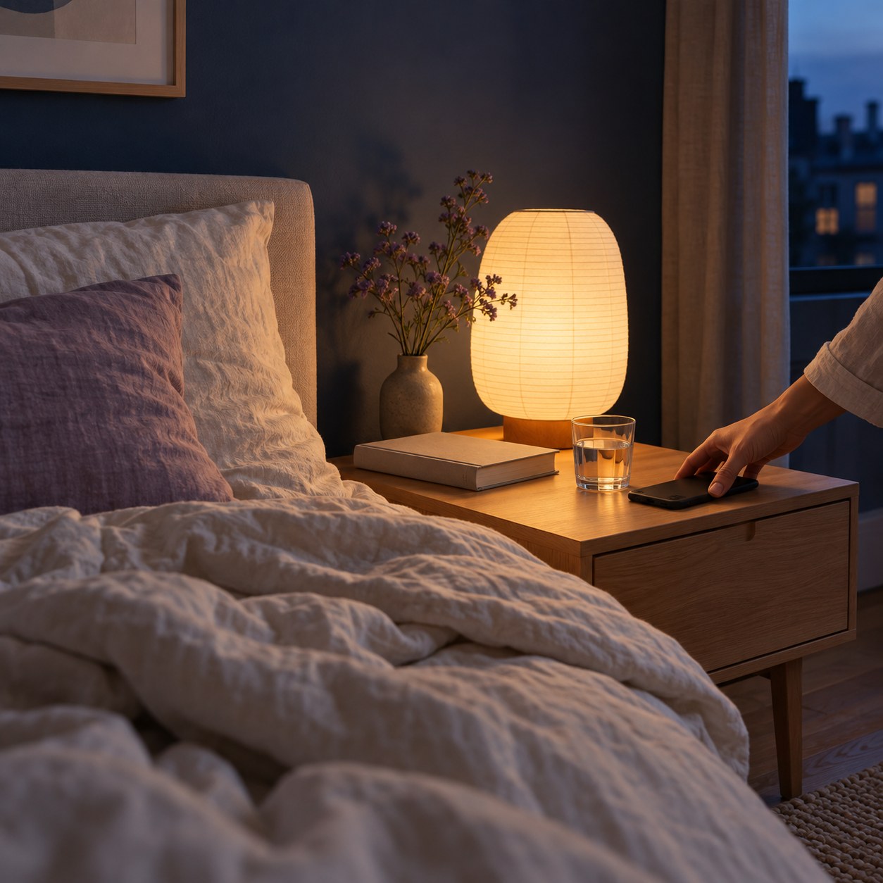 A phone being put away beside a bed in soft evening light